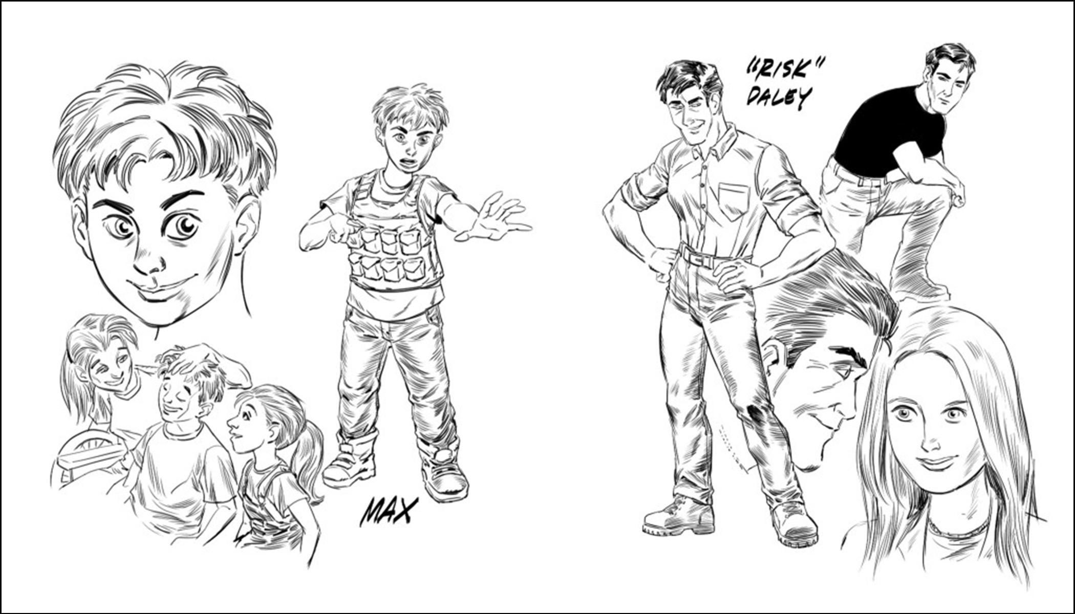 Max Q with his MAP vest, Bryan "Risk" Daley looking racer chic, and the three Hammer sisters: Monica and Mario ("Mary-oh") flank Max, while Monnarae appears with Risk. All artwork by Aldin Baroza (2016).